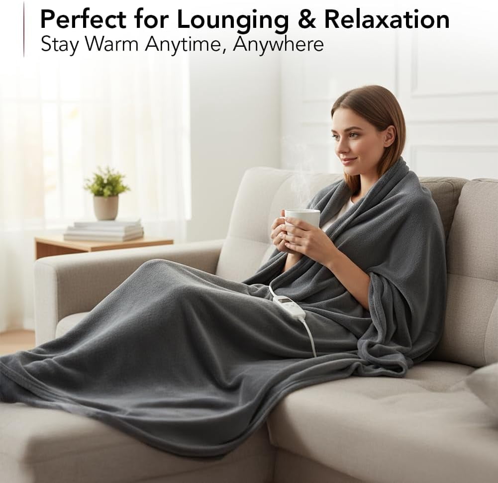 OVENTE Electric Heated Throw Blanket 50''x60'' with 10 Heat Settings, 1-8Hr Adjustable Timer, Over-Heat Protection, Auto Shut-Off, Fast Heating and Machine Washable for Home Office Use, Grey BL5810G