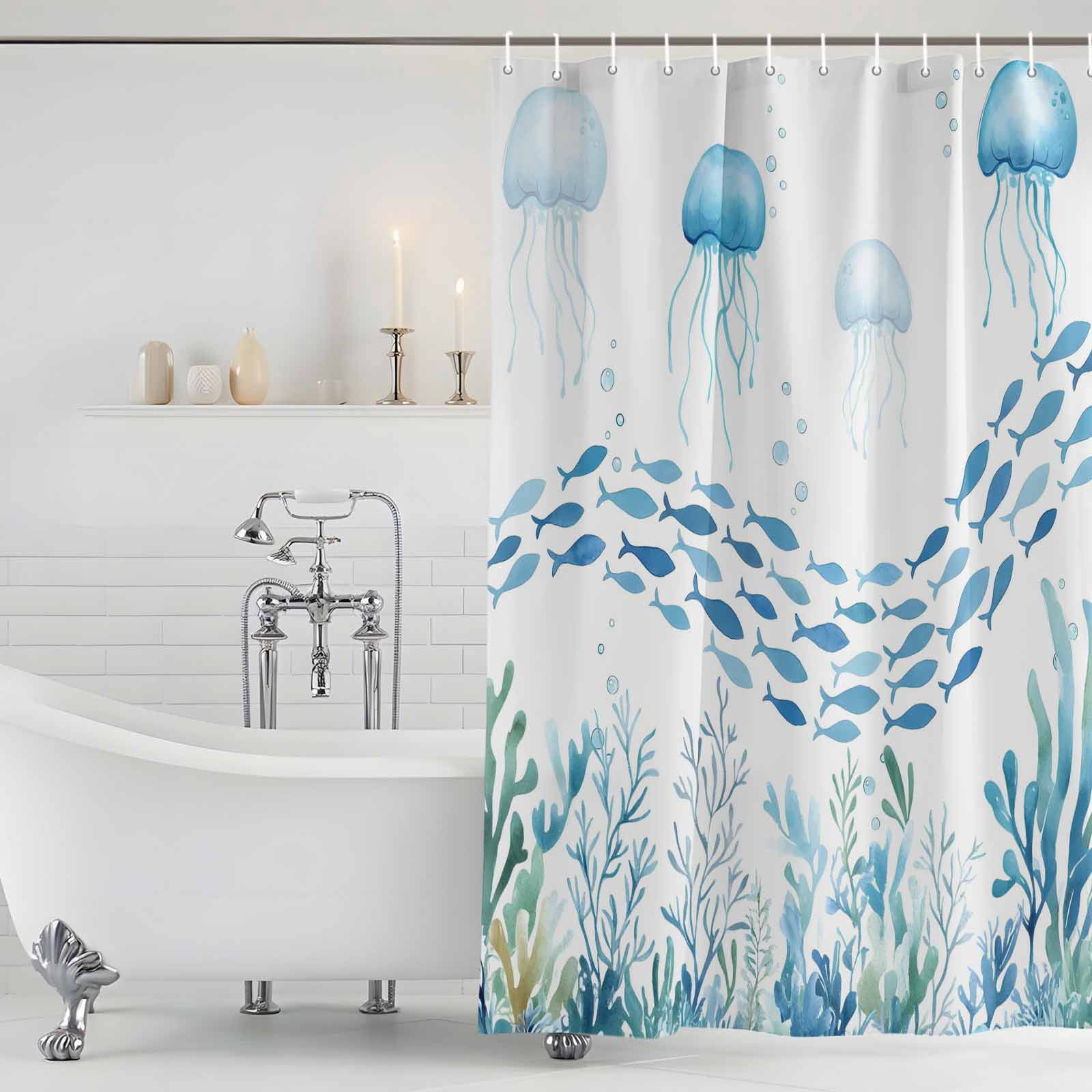 Shower Curtain Bathroom Set Underwater Life Octopus Fish Seaweed Waterproof Fabric Shower Curtains with Grommets&Hooks, Marine Theme Coral Privacy Bath Curtain for Bathtub 72x72in