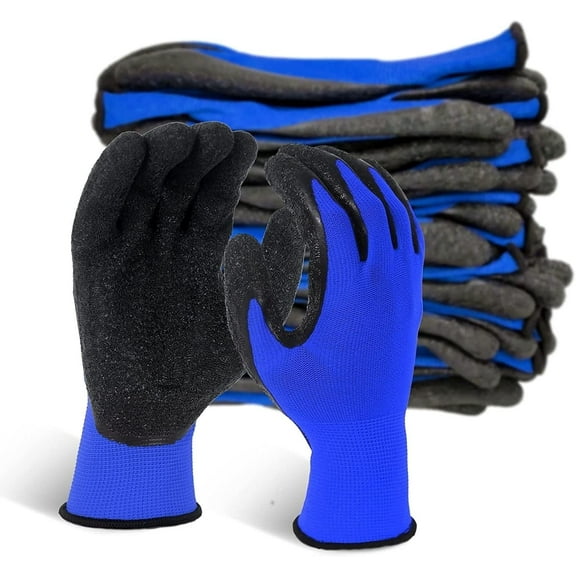 EvridWear 12 Pairs Crinkle Latex Rubber Hand Coated Safety Work Gloves for Men Women General Multi-Use (Large, Blue)