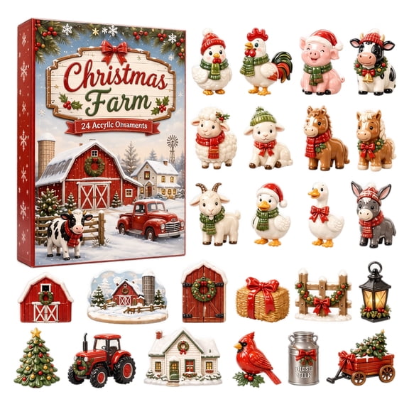 Christmas Tree Ornaments Set with 24 Acrylic Farm Animals and Barns, 24-Piece, Red and White Farmhouse Design, for Holiday Tree Hanging, Christmas Decorations