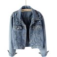 thumbnail image 3 of Chaqueta vaquera de gran tamaño para mujer, abrigo vaquero con cuentas y perlas bordadas, 3 of 4