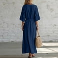thumbnail image 4 of Smsaxvxz Women's Summer Dresses Fashion Solid V Neck 3/4 Sleeve Tie Knot Waist Maxi Dress with Pockets Casual Loose Beach Sundress Navy S, 4 of 7
