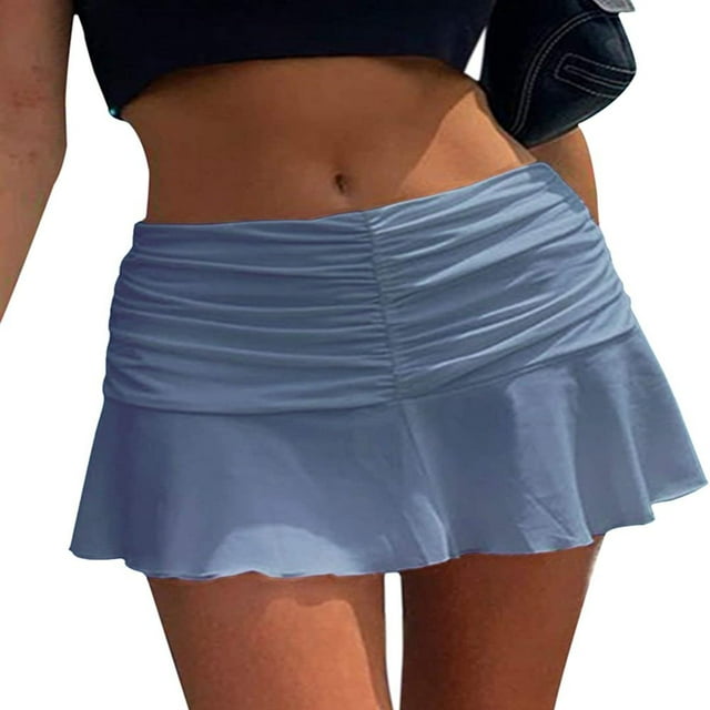 Female Solid Color High Waist Pleated Skirt Ruffled Short Dress S-L
