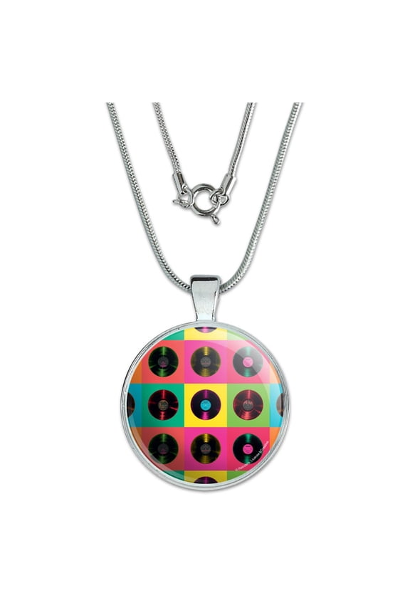 Vinyl LP Records Rainbow Colored Background 1" Pendant with Sterling Silver Plated Chain