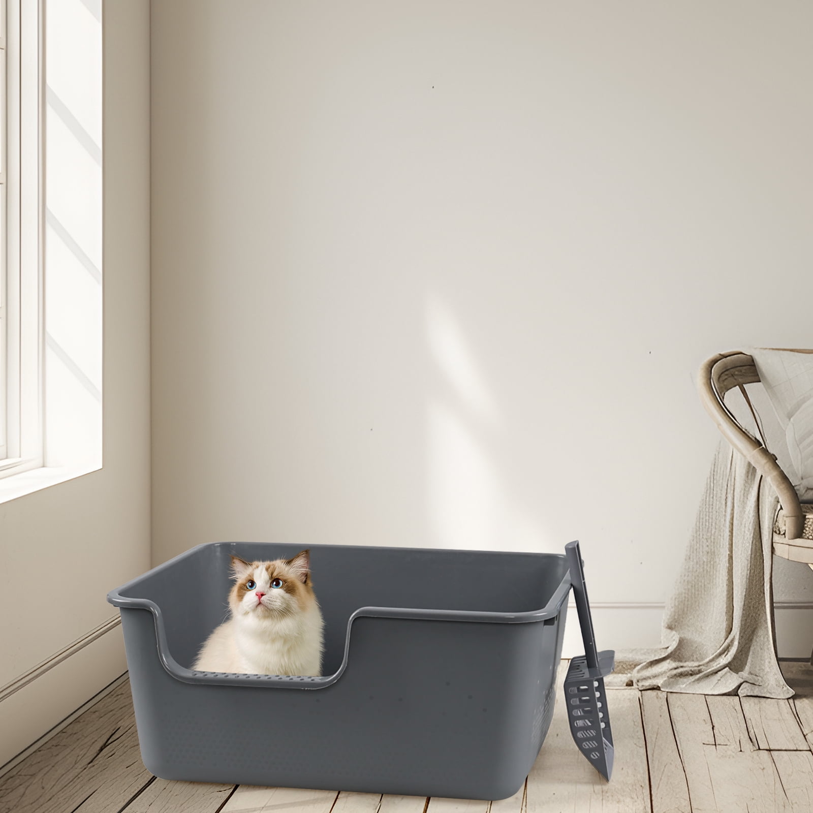 Yuright Plastic High Side Cat Litter Boxes with Scoops, 4 Pack Gray Open Top Litter Trays