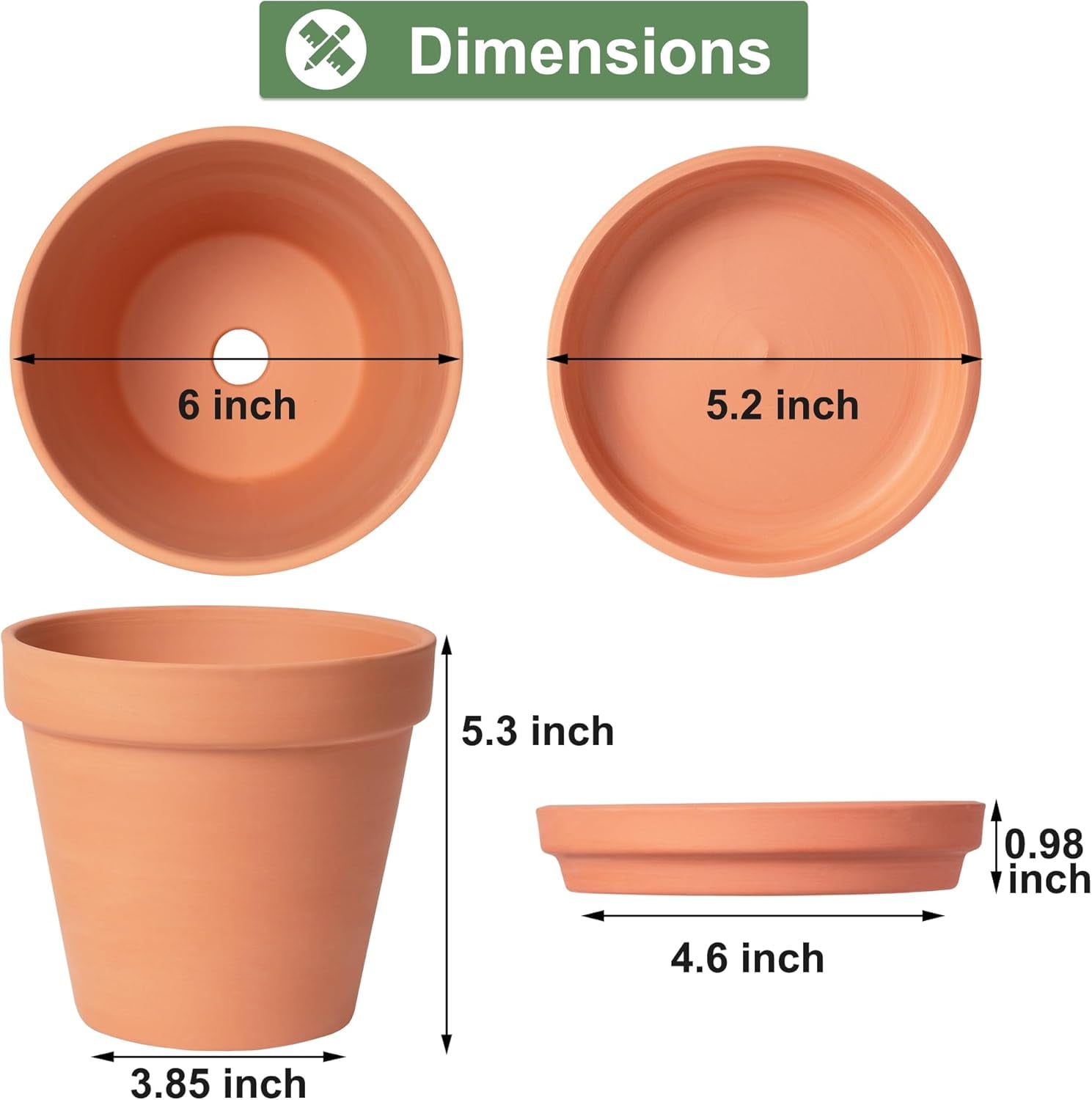 BAODELI Terracotta & Clay Pots for Plants with Saucer, 6 inch Medium Terra Cotta Plant Pots with Drainage Hole, Flowerpot with Tray, Terracotta Pot for Indoor Outdoor Plant - Pack of 4 Planters