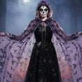 thumbnail image 4 of Jiibva Halloween Bat Print Mesh Cape Gothic Hooded Witch Cloak Purple 190cm, 4 of 7