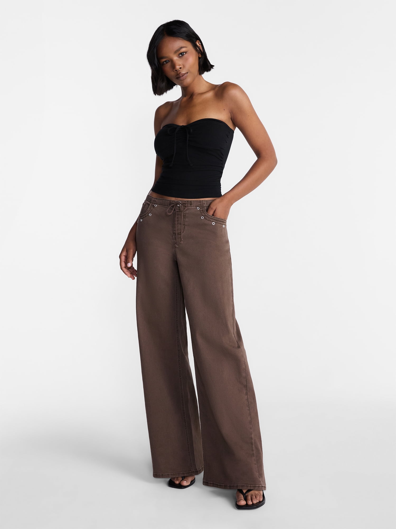 No Boundaries Drawstring Grommet Wide Leg Jeans, 30" Inseam, Women's and Women's Plus 1X-4X