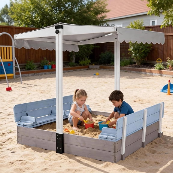 Aivituvin SandBox for Kids with Lid and Canopy, Sand boxes with Covers Foldable Bench Seats, Children Outdoor Wooden Playset - Upgrade Retractable Roof (Blue)