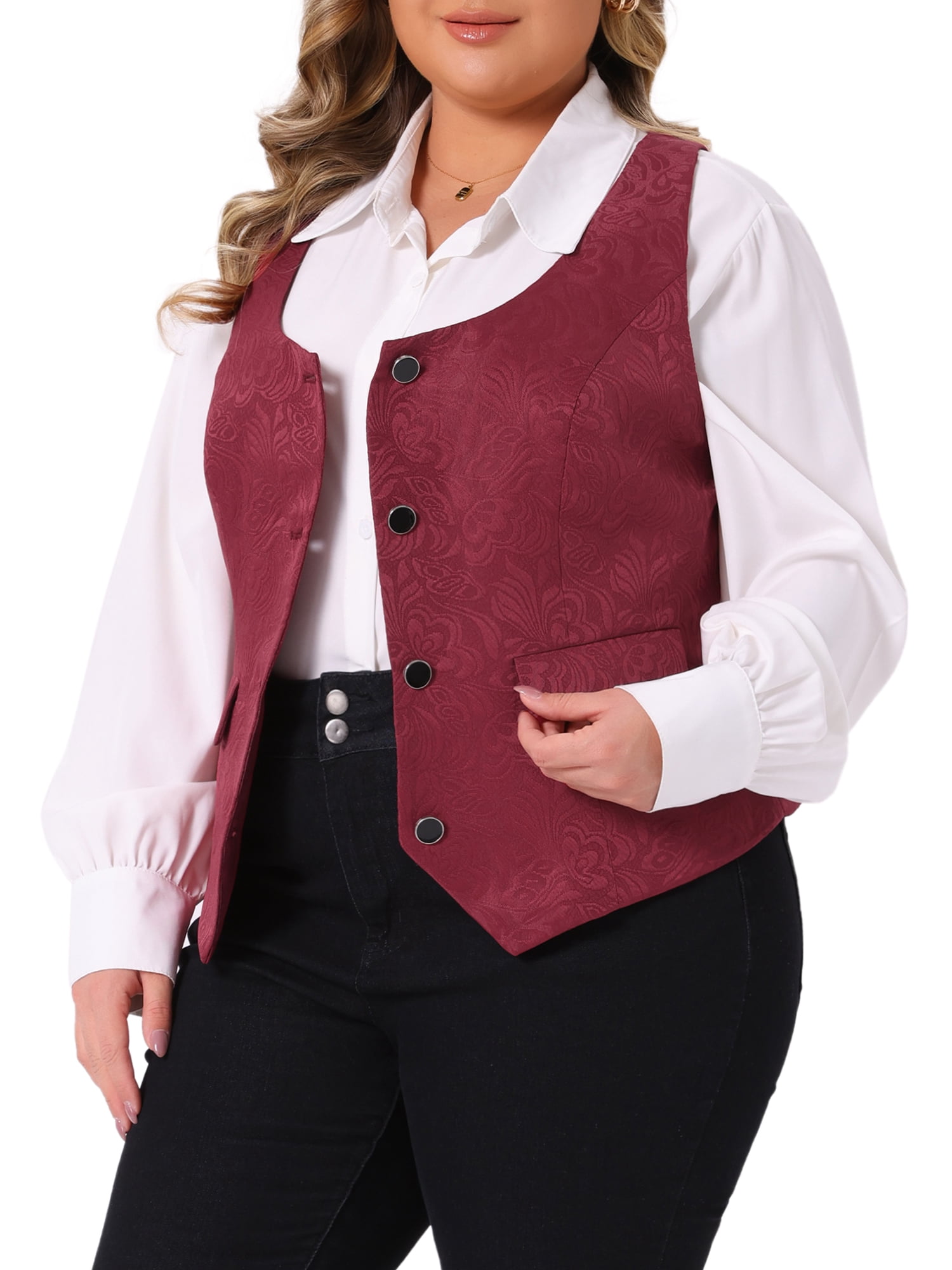 DARING DIVA Women's Plus Size Sleeveless Jacquard Vest 1X Burgundy
