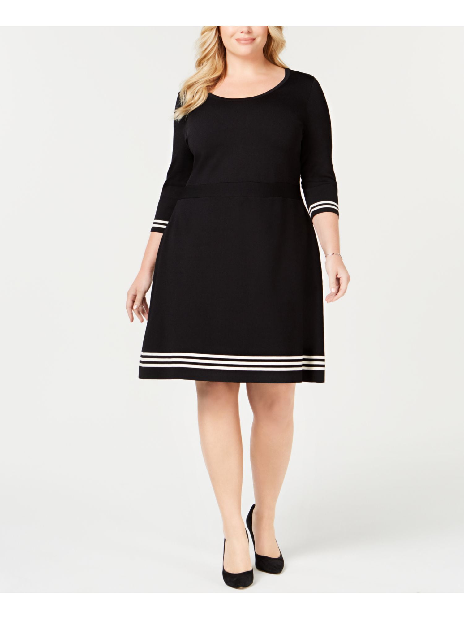 Anne Klein Anne Klein Womens Black 3 4 Sleeve Scoop Neck Above The Knee Fit Flare Dress Plus