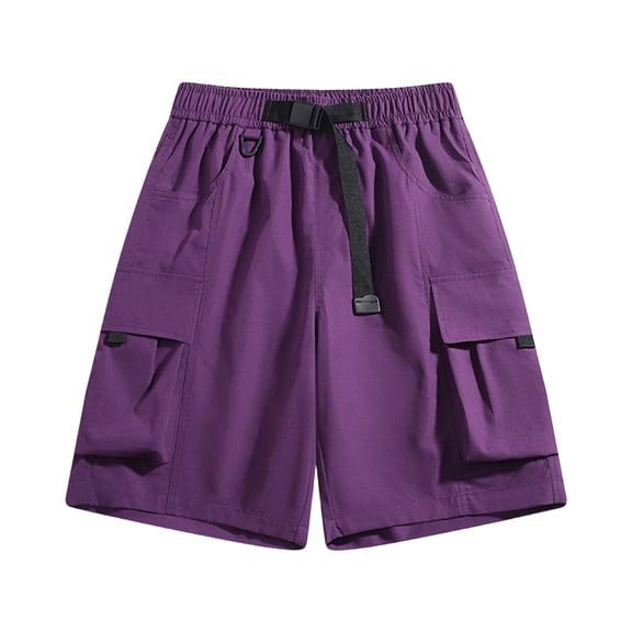 TEAJOPSUU Men's Beach Shorts Summer Solid Color Quick Dry Breathable Elastic Waist Drawstring with Multi-Pocket F-Purple