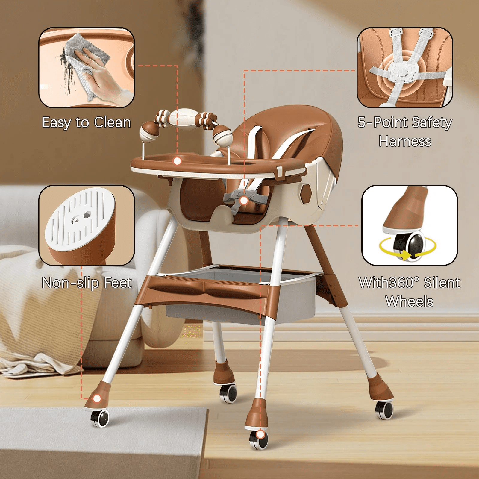 JieC 3 in 1 Baby High Chair, Foldable Baby Feeding Chair, For Infants and Toddlers 0-24 Months,Brown