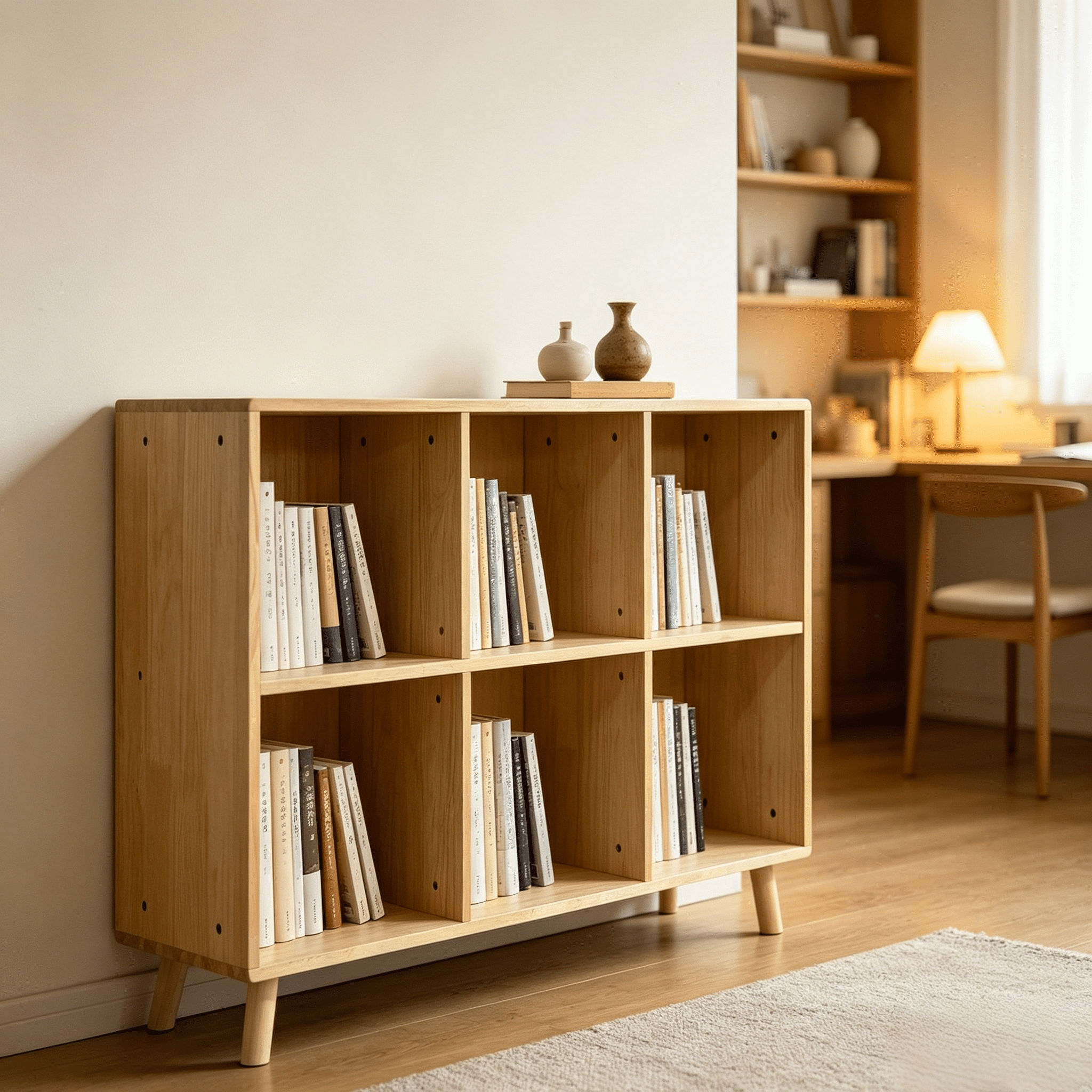 6 Cube Solid Wood Storage Shelf, Freestanding Open Bookcase with Legs, 2-Tier Cubby Organizer for Living Room, Bedroom, Office and Entryway