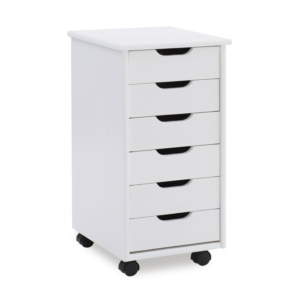 Linon Cary Six Drawer Rolling Storage Cart, White Finish