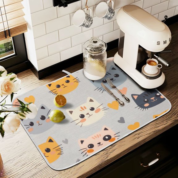 Yayeee Dish Drying Mat for Kitchen Counter 16" x 18" Microfiber Super Absorbent Coffee Decorative Pad, Cute Cartoon Cat