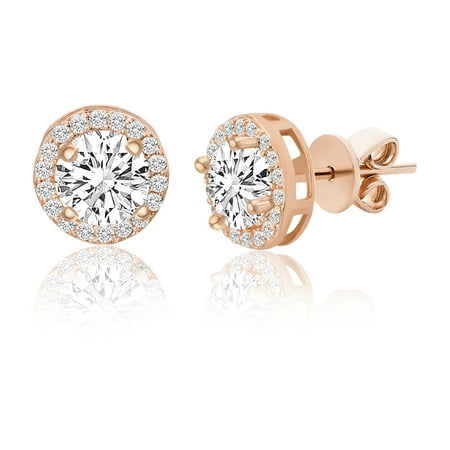 Lesa Michele Faceted Crystal Round Rose Gold Plated Halo Earring in Sterling Silver Made with Cubic Zirconia Crystals