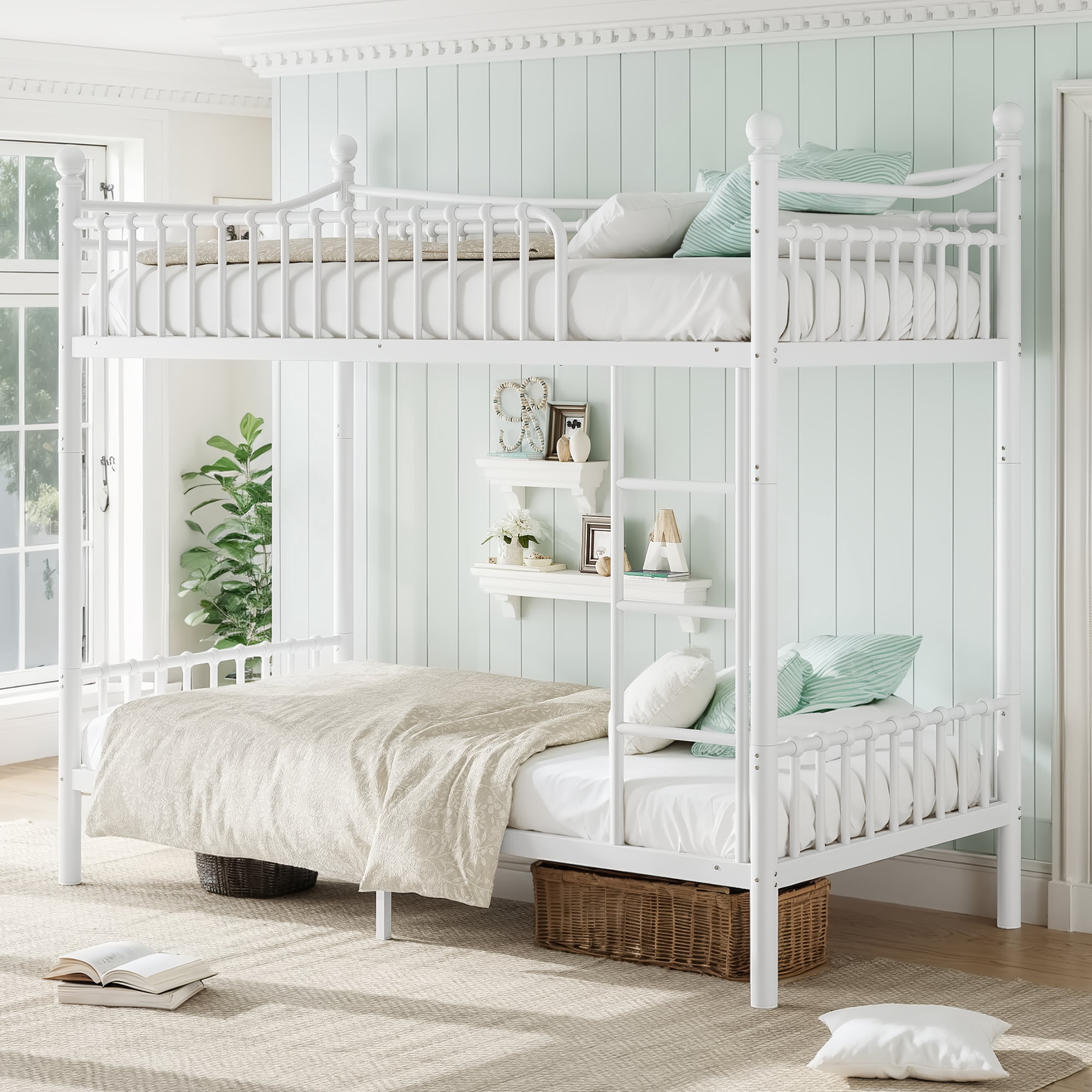 Leumius Twin XL over Twin XL Metal Bunk Bed with Unique Curved Guardrail Design, Round Tube Bunk Bed Frame, Metal Bunk Bed Frame for Kids Teens Adults White