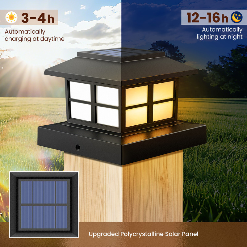 FKHouse 4 Pack Solar Warm White Post Cap Lights, 4x4 5x5 6x6 Fence Deck Post Lights Outdoor, Waterproof for Garden Patio Decor, Black