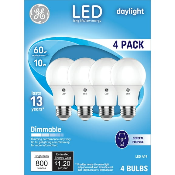 GE LED Light Bulbs, 60 Watt, Daylight, A19 Bulbs, Medium Base, Frosted Finish, 13yr, 4pk