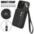 thumbnail image 4 of Wallet Case for iPhone 16e with Wrist Strap & Crossbody Strap, Premium PU Leather Card Holder Stand Flip Zipper Pocket RFID Blocking, Women Girls Protective Phone Case Cover, Black, 4 of 8