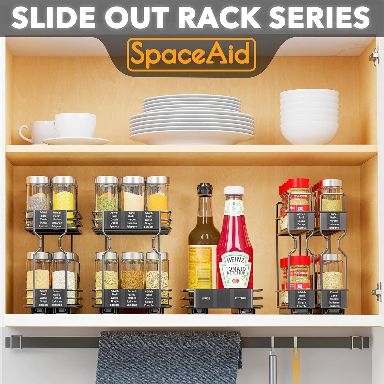 SpaceAid Pull Out Spice Rack Organizer with Labels, 2 Drawers 2-Tier, 5.2" W x10.75 D x10 H