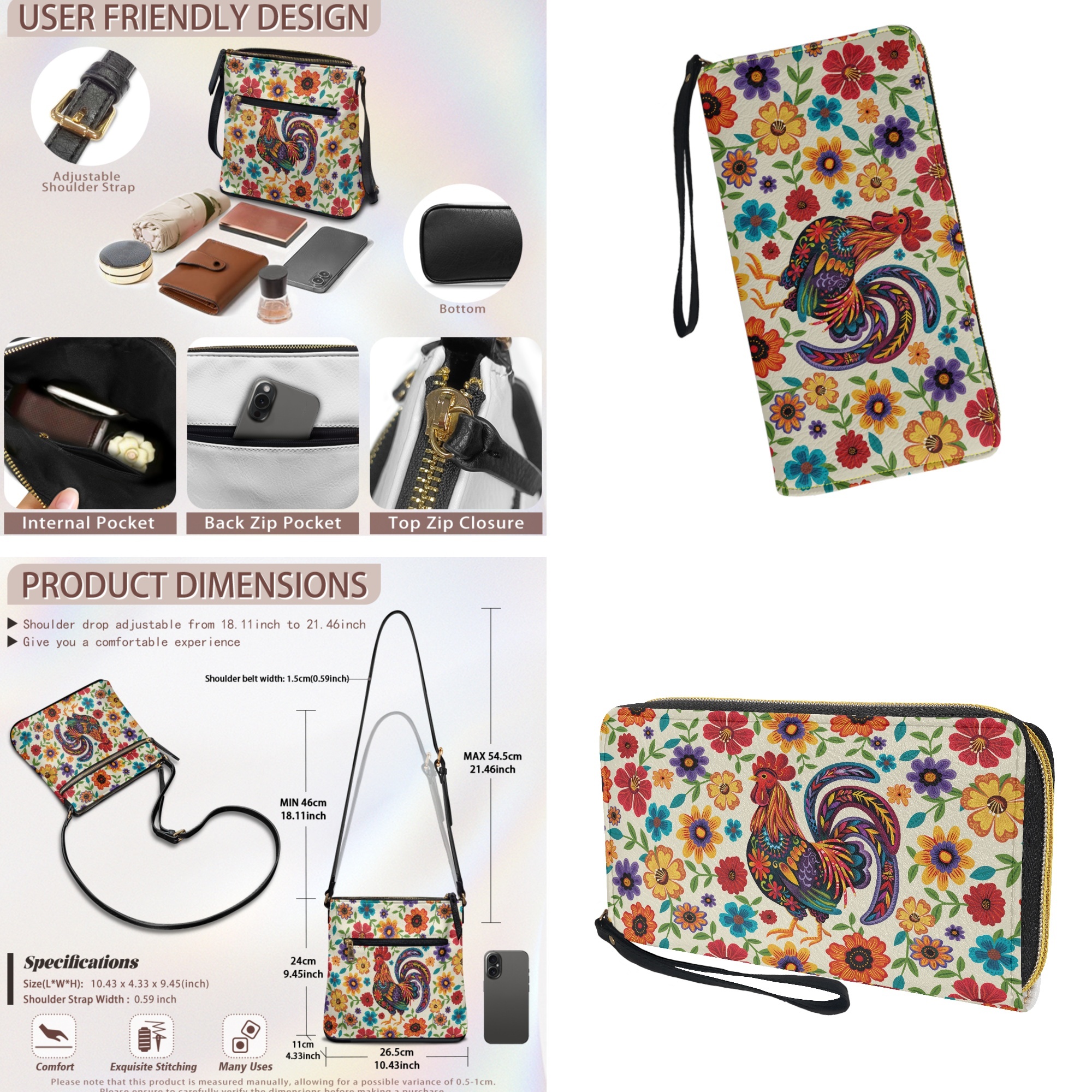 ZUXONGSY Abstract Rooster Daisy Flower Print Leather Crossbody Purse Wallet Set for Women, Multi Pockets Satchel Purse Medium Size Zipper Shoulder Hobo Bag with PU Leather Wallet