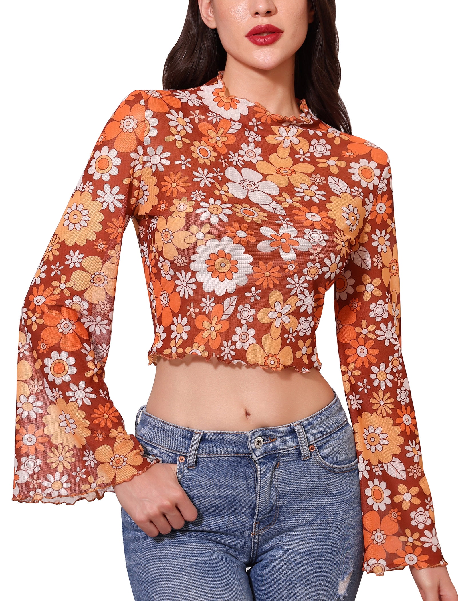 Remidoo Women's Bell Sleeve Mesh Top - Floral Print See Through Crop Tee - View #12