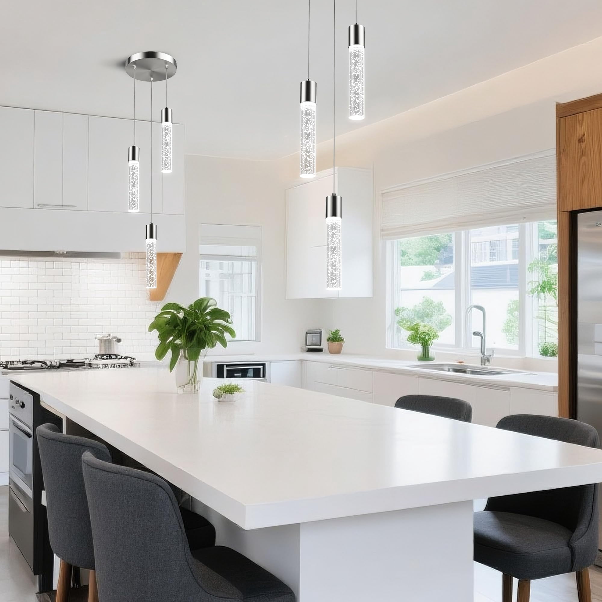 3 Lights Pendant Lights Kitchen Island, Modern Kitchen Island Lights, Ceiling Lighting Fixtures with Crystal Bubble, Integrated LED Hanging Light Nickel&nbsp;