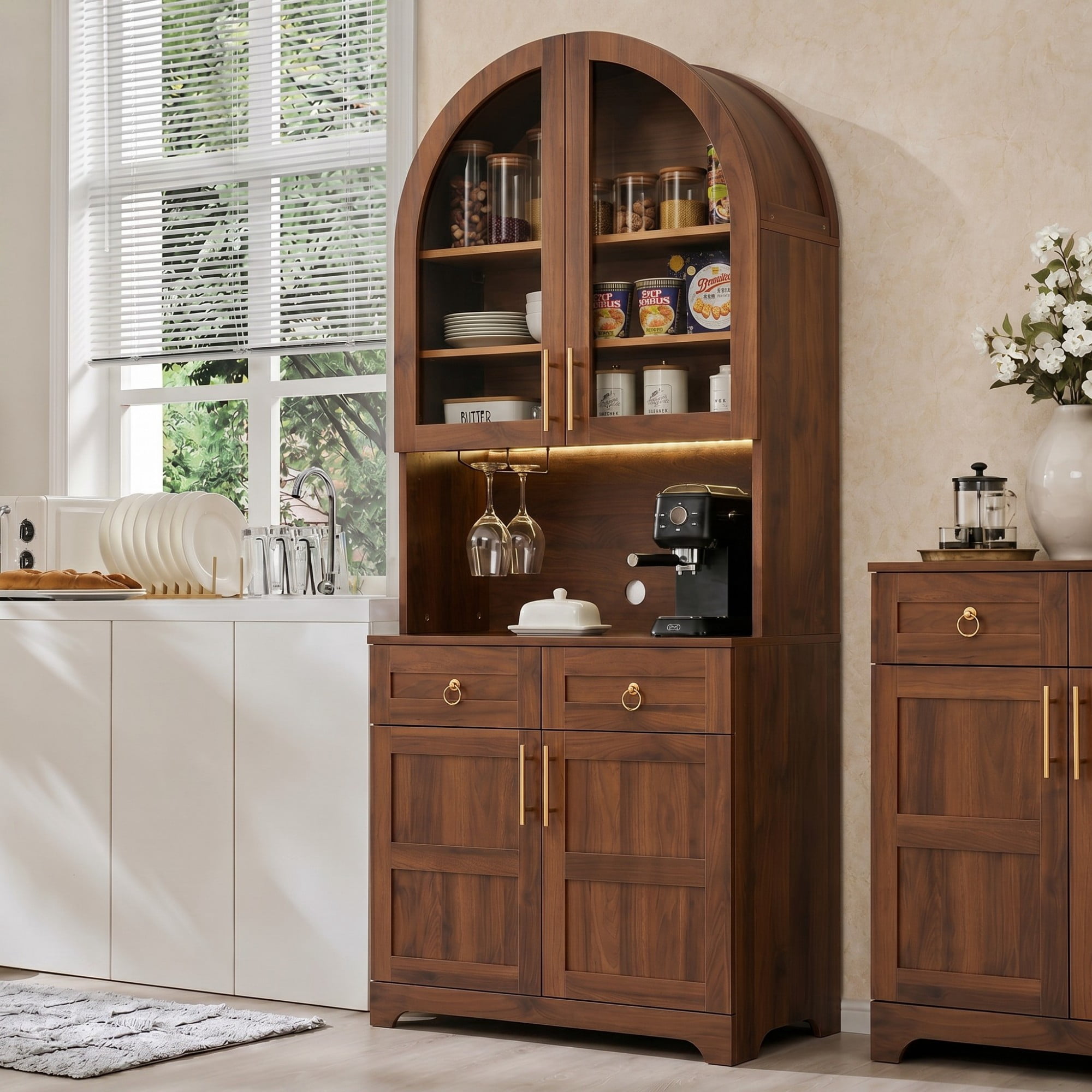 DEALTOPS Freestanding 74.8" Pantry Cabinet with Arched Top, Power Outlets and LED Light, Walnut