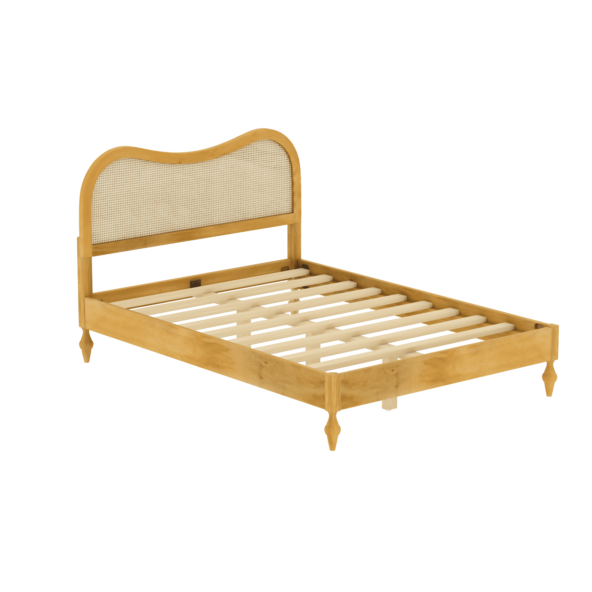 Euroco Queen Size Mid-Century Wood Platform Bed with Curved Rattan Cane Headboard, Scandinavian Natural Style Bed, No Box Spring Needed, Natural