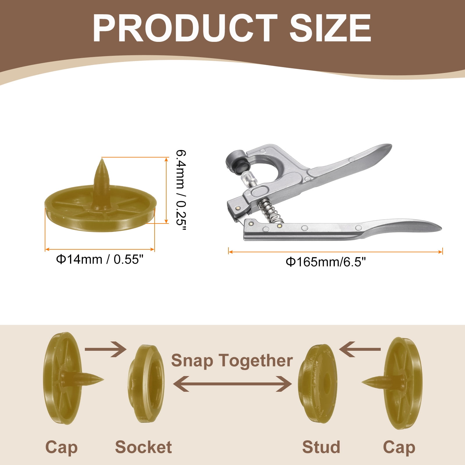 Uxcell Plastic Snaps Fasteners with Snap Pliers, 100 Set T8 Round Resin No-Sew Button Snap Fasteners Kit Coffee