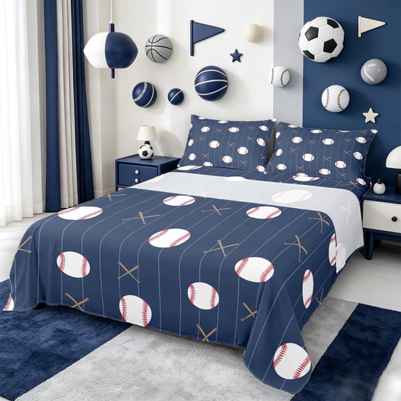 Manfei Baseball Bed Sheets Set Twin Size,Sports Theme Bedding Sets Twin Size,Blue White Bed Sheets Twin For Boys,Ultra Soft Room Decorative,3-Piece