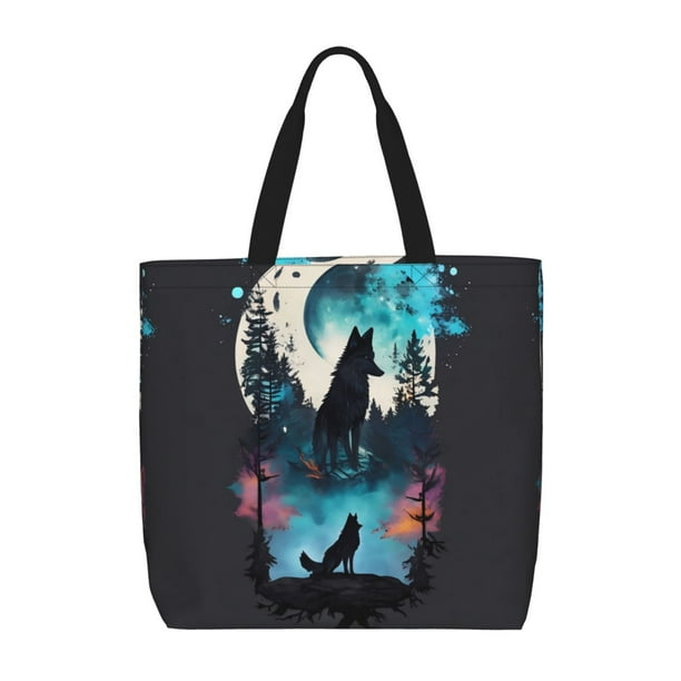 Fotbe Artistic Moon Valley Wolf Bolsa Tote con Estampado para Mujer, Bolsos con Cremallera, Bolsa de Hombro Casual de Gran Capacidad con Bolsillos Internos
