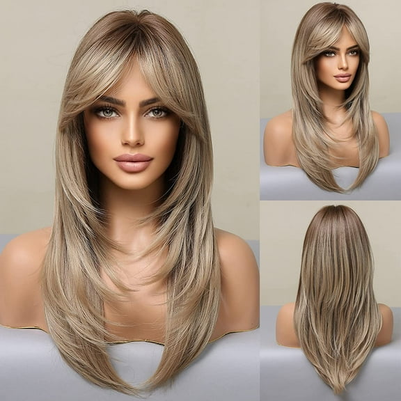 Long Layered Wigs for Women Middle Part Synthetic Hair Wig with Bangs for Daily Use A3