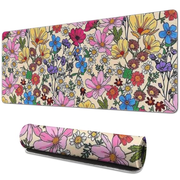 Long Mouse Pads for Desk,Pioneer Flower Floral Print Pattern Desk Mats on Top Of Desks, Desk Mouse Pad Extra Large with 3mm Non-Slip Base and Stitched Edge for Gaming,Office,Work,Home 31.5"x11.8"