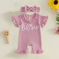 thumbnail image 2 of felwors Newborn Baby Girl Summer Outfit Romper Sister Lil Sis Embroidery Ruffle Collar Jumpsuit Infant Waffle Clothes,Pink,6-9 Months, 2 of 3