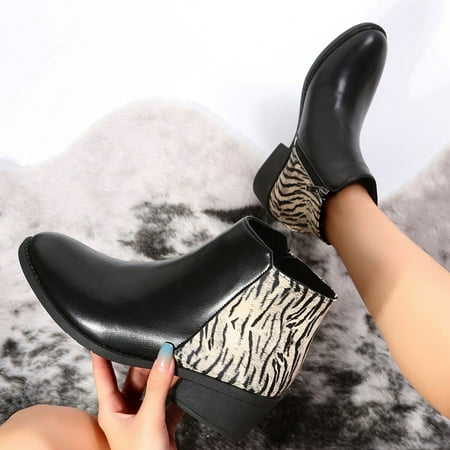 

Christmas Retro Women Tiger Print Square Heels Zipper Comfortable Short Booties Round Toe Shoes