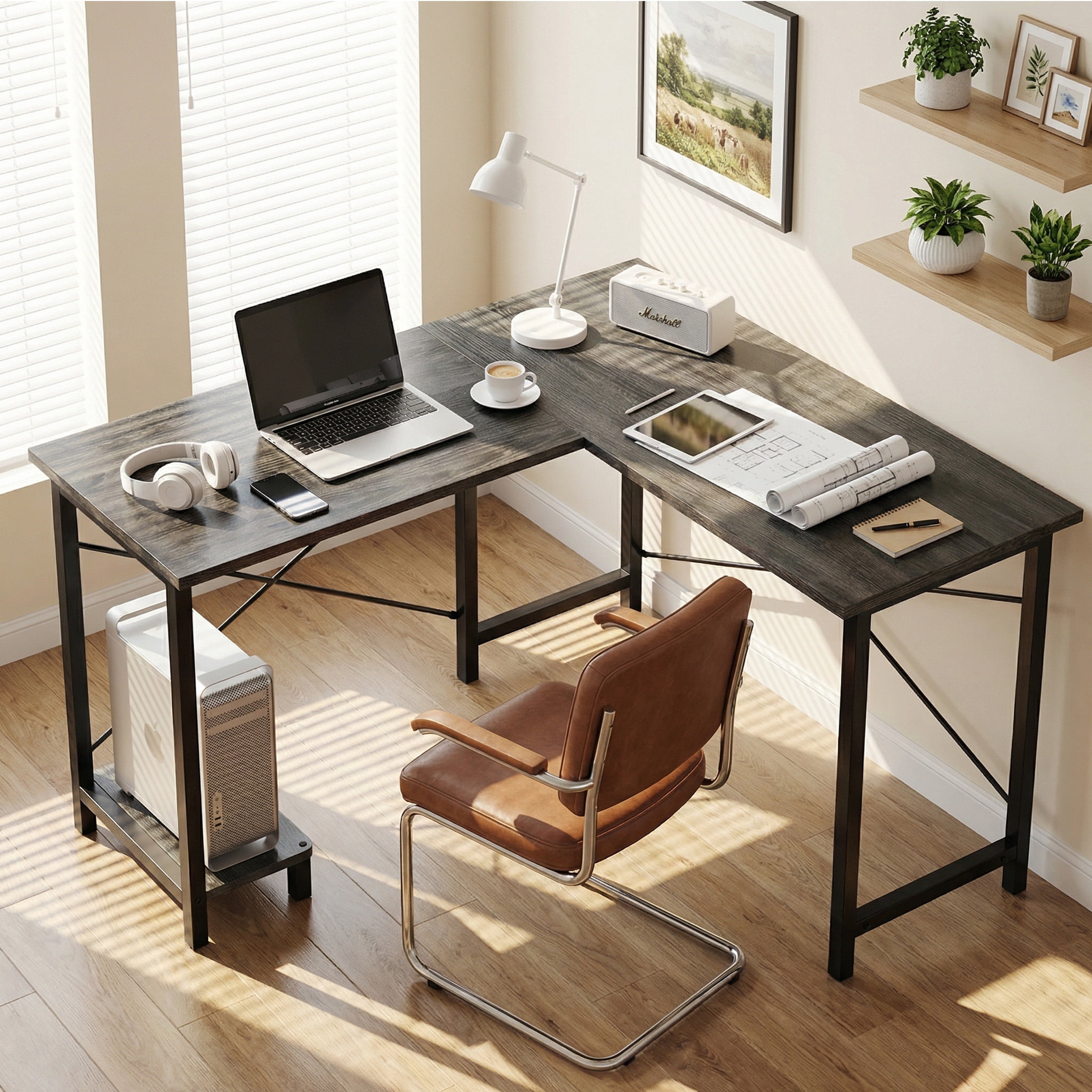 CONCETTA 49” L Shaped Computer Desk with Movable CPU Stand, Corner Desk for Save Space, Home Office, Wood Gray