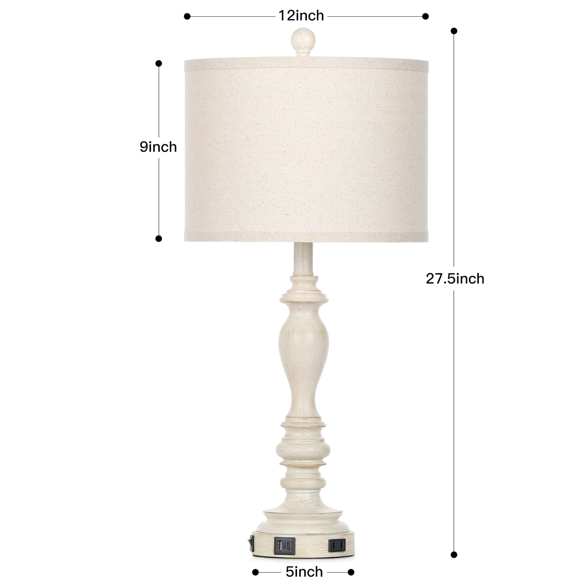 Cinkeda Farmhouse Resin Table Lamp Set of 2 with USB A+C Ports AC Outlet for Bedroom Living Room 27.5" Rustic Bedside Nightstand Lamps