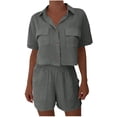 thumbnail image 6 of OGLCCG 2 Piece Summer Outfits for Women Cotton Linen Button Down Short Sleeve Shirt Top and Shorts Casual Travel Lounge Sets with Pockets,S,Gray, 6 of 7