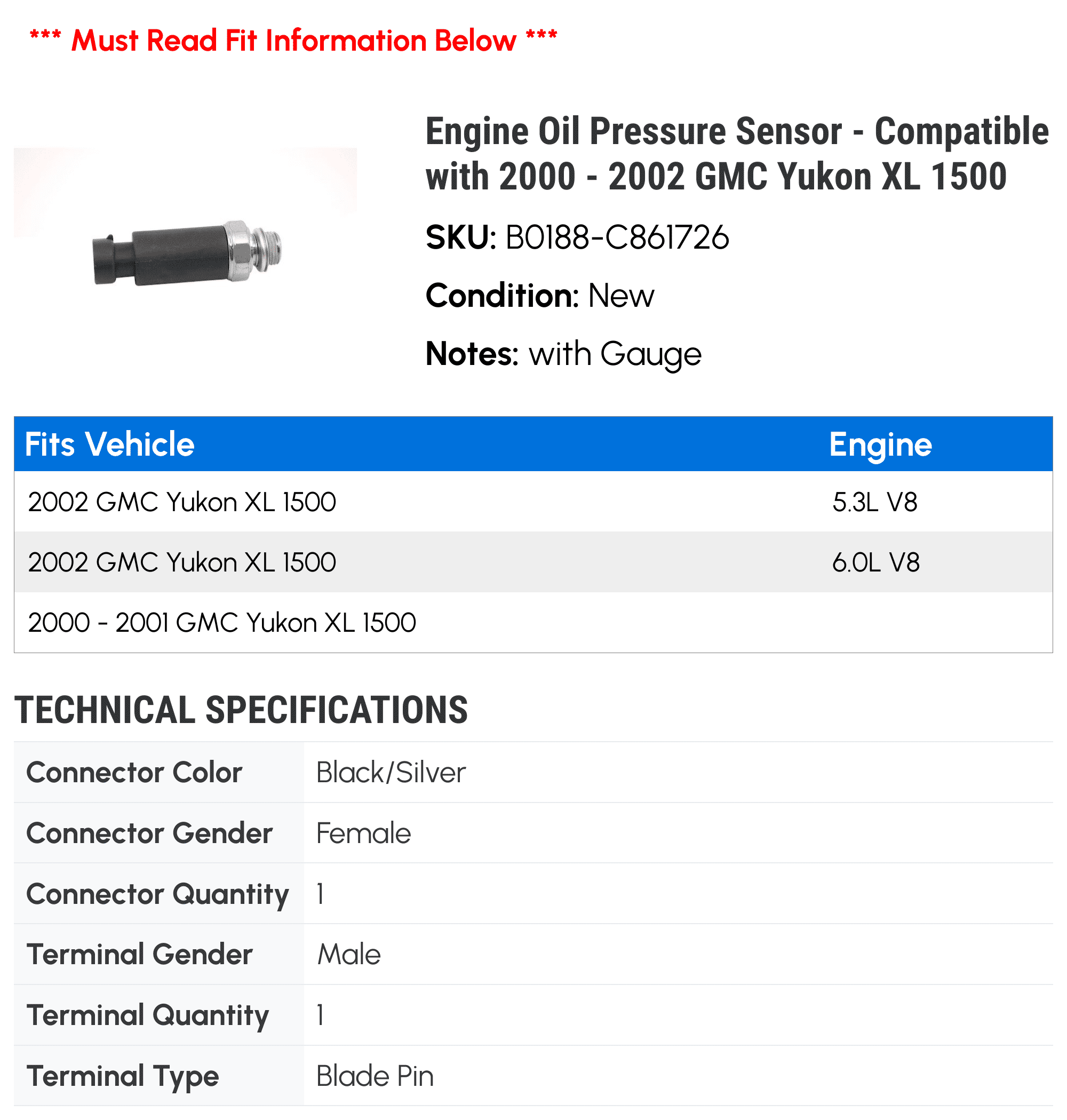 Engine Oil Pressure Sensor - Compatible with 2000 - 2002 GMC Yukon XL 1500 2001