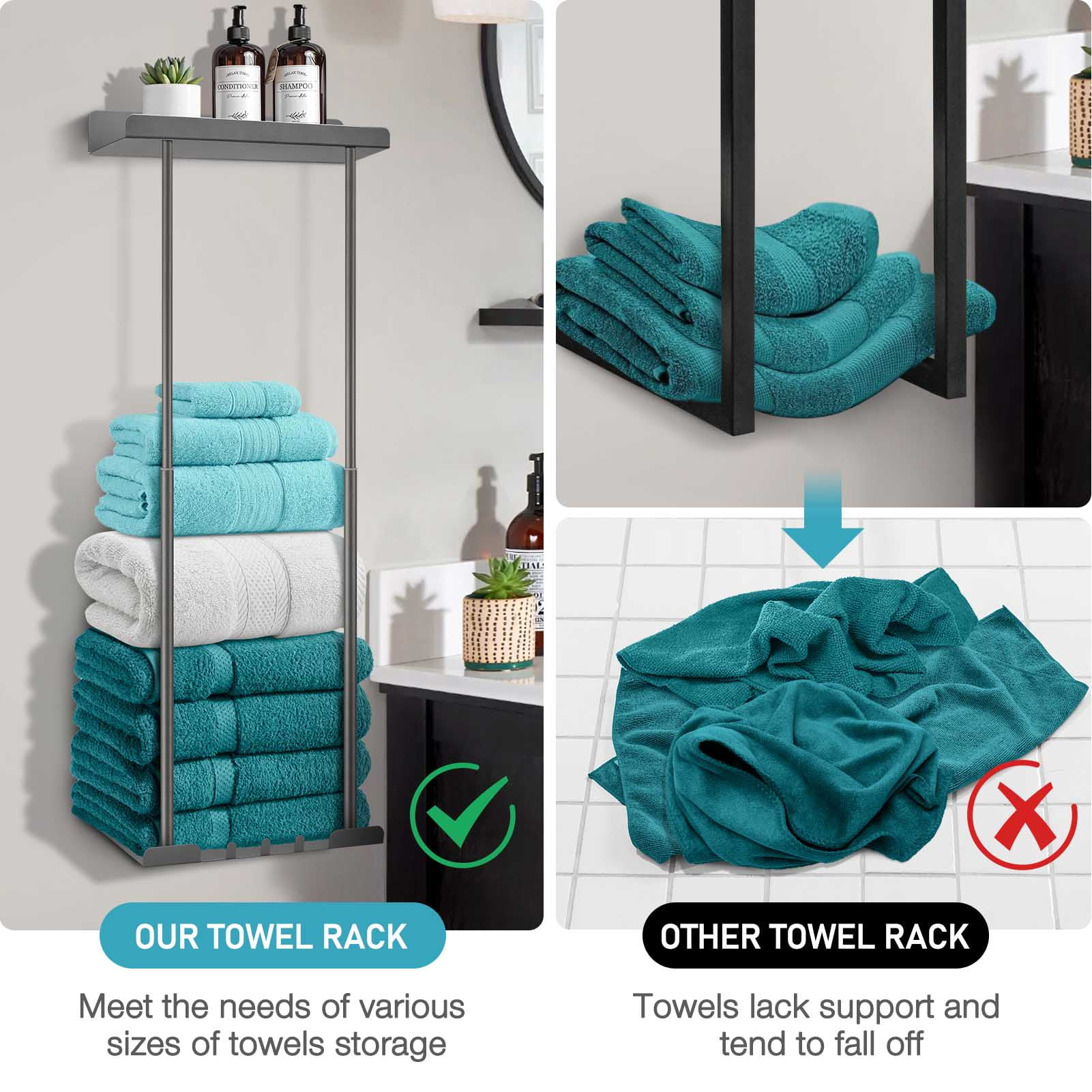 Livhil Wall Towel Rack for Rolled Towels, New Upgrade Towel Racks for Bathroom Wall Mounted, Bathroom Bar Towel Storage, Metal Bath Towel Holder for Folded Large Towel Washcloths, Gray