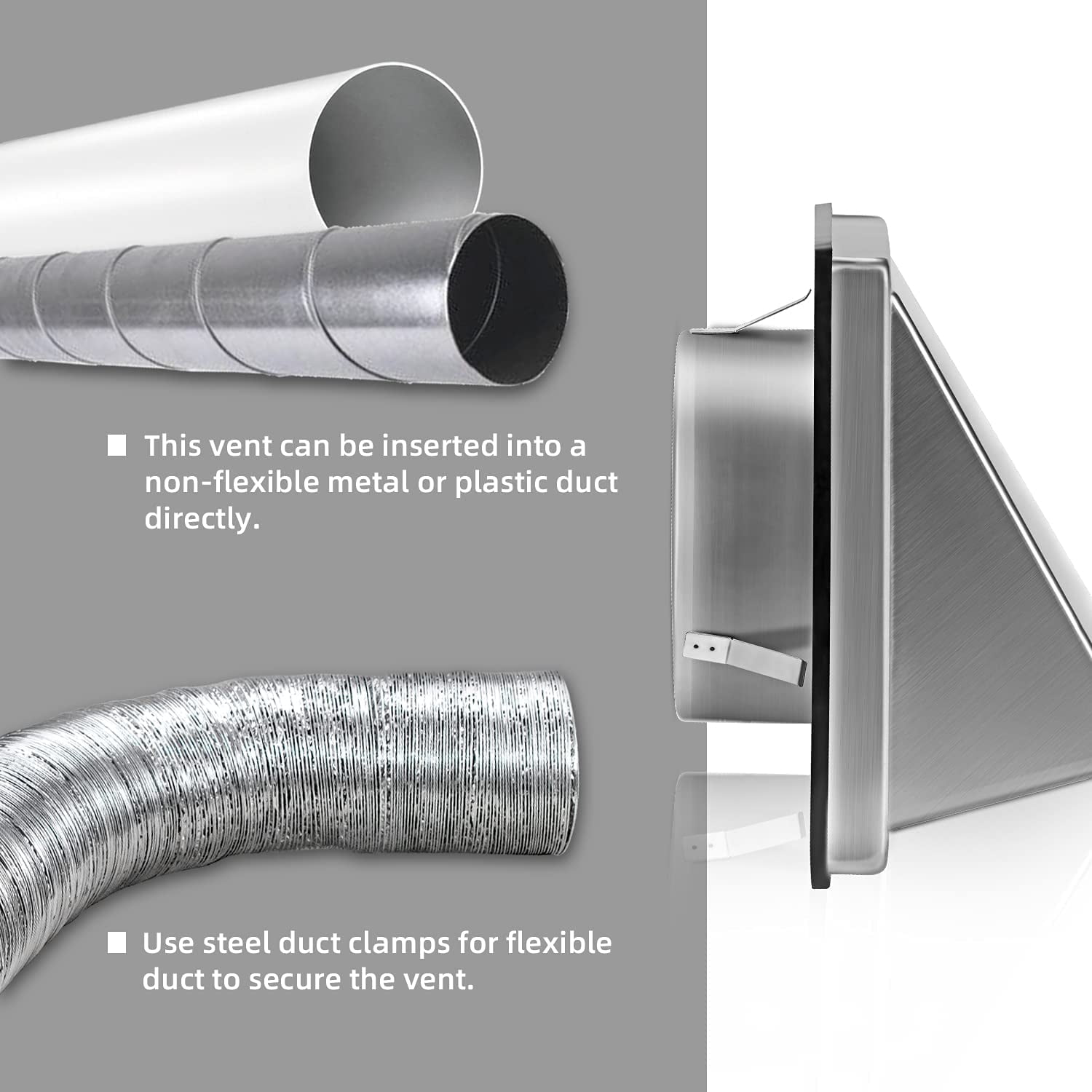 6-inch external extractor wall vent with cushioned non-return flap, stainless steel outside