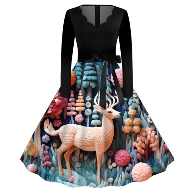 Robe Décontractée Évasée pour Femme Col Rond Manches Longues Imprimée Fête Noël Chandail Fluide Confortable Élégante Stylée