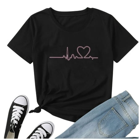 

Ziloco Short Sleeve Round-Neck Blouses & Shirts Corset Tops for Women Women Crewneck T Shirts Hearted Print Tees Short Sleeve T Shirt Blouse Tops Womens Graphic Tshirts