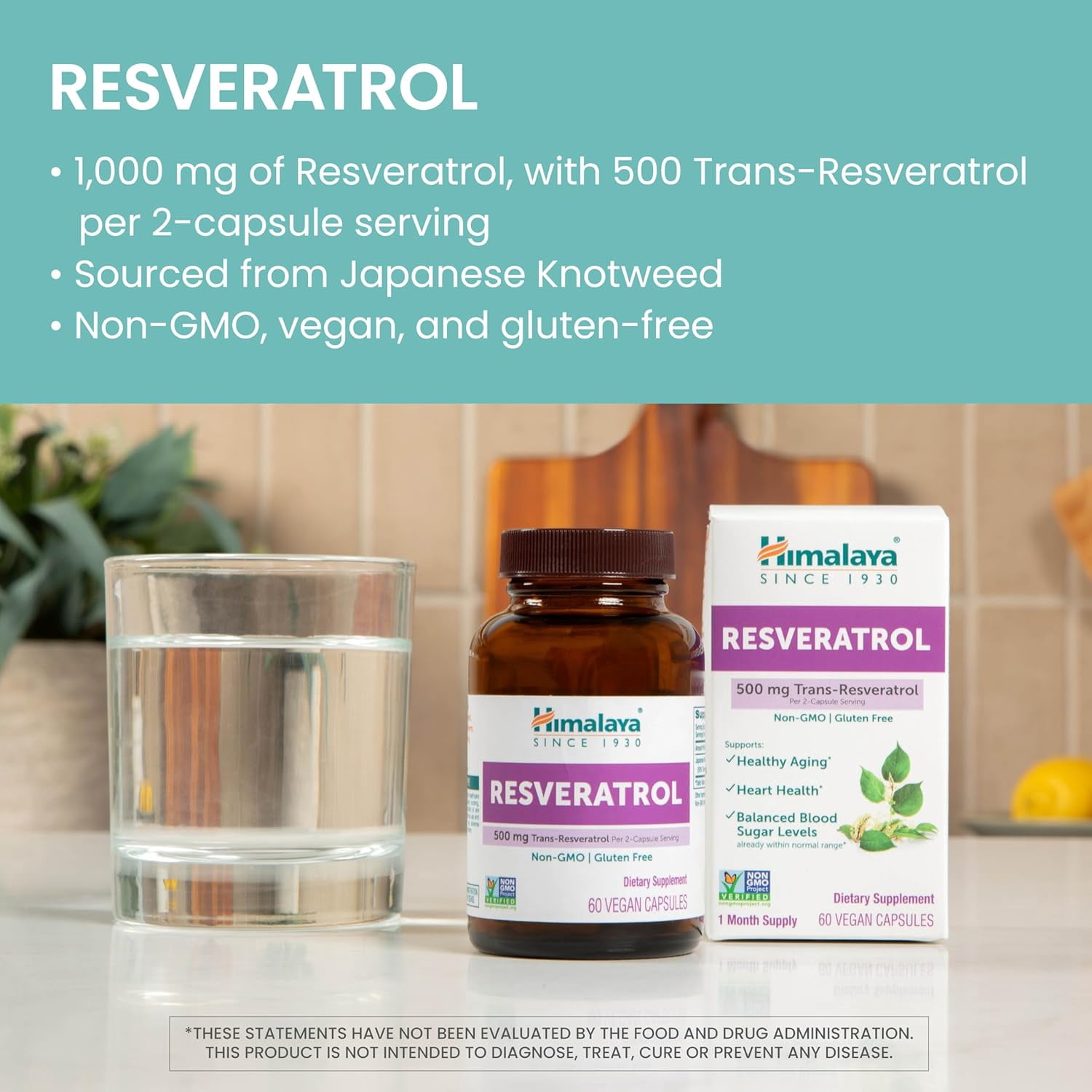 Himalaya Resveratrol for Healthy Aging and Antioxidant Support, 1,000 mg of Resveratrol, with 500 mg Trans-Resveratrol Daily, 60 Vegan Capsules, 1 Month Supply