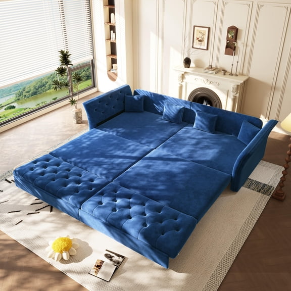 100" Oversize Velvet Sofa Bed, Blue Pull-Out Sleeper Loveseat with Handmade Flower Tufted Design, Convertible Sofa for Living Room, Bedroom, Apartment