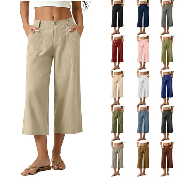 Horkkom Capris Pants for Women Summer Button Zipper Linen Pants Casual Business Loose Dress Pants with Pockets L
