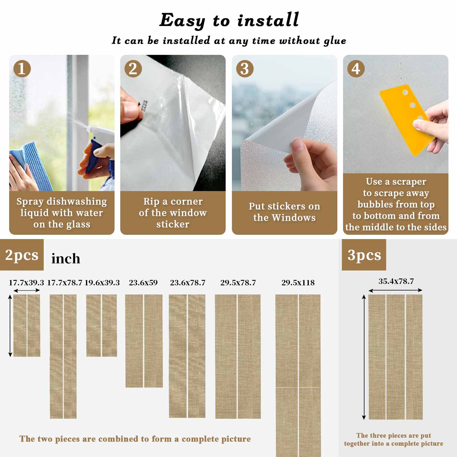 Reusable Static Cling Window Tints, Beige Window Privacy Film Frosted, Farmhouse Burlap Solid Brown Color Modern Linen Texture Heat Control Windows Films for Offices, Balcony, 29.5 x 118 Inches